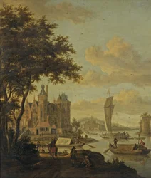 Escena de Playa Holandesa con Barcos